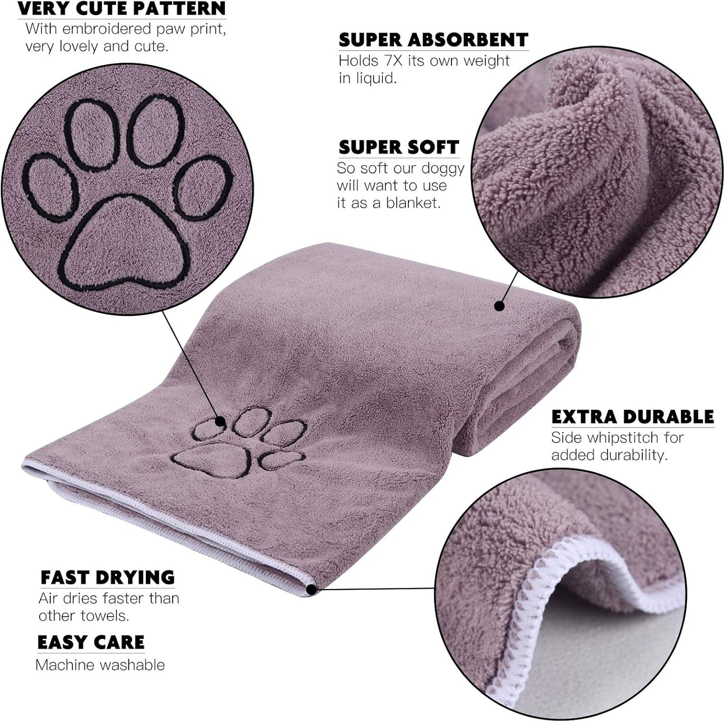 Ultra-Absorbent Microfiber Pet Towel for Dogs & Cats - Quick Drying, Lightweight, and Machine Washable in Purple with Adorable Paw Print - Perfect for Bath Time and Travel!