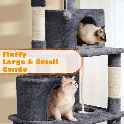 Yaheetech 62.5In Tall Cat Tree with 2 Cat-Ear Perches & 2 Condos, Dark Gray | Multi-Level Cat Tower with Scratching Posts, Hammock, Sturdy 24 X 19In Base and 88 Lb Capacity for Medium & Large Indoor Cats